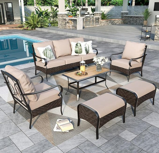 Sophia & William Patio Furniture Set, Metal Outdoor Conversation Set 7 Seats with 3-Seater Sofa, 2 Sofa Chairs, 2 Ottoman,1 Coffee Table for Lawn Porch Backyard,Beige