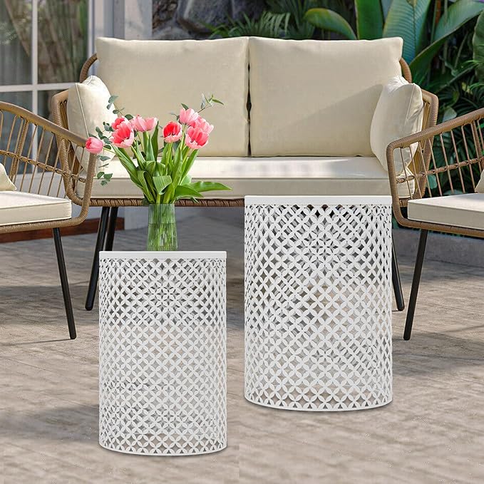 2PCS Outdoor Side Table, Modern End Table Cylindrical Metal Frame Accent Table, Metal Frame Accent Table for Gardens, Balconies, Bedrooms, Living Rooms (White)