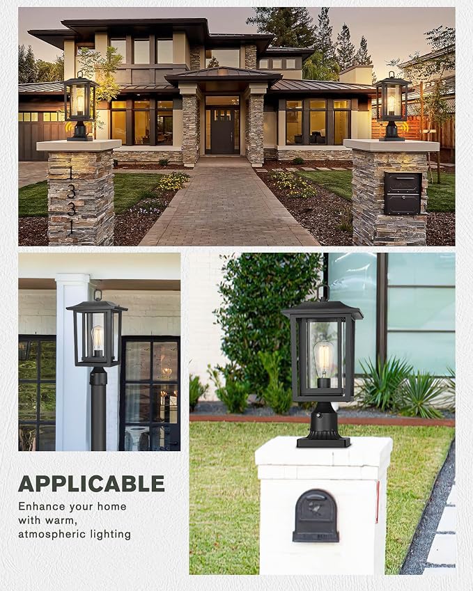 Beionxii 19Inch Dusk to Dawn Outdoor Post Lights,Lamp Post Light Fixture | Waterproof with Pier Mount Base,Anti-Rust Aluminum Lamp Posts Outdoor Lighting for Garden,Patio,Hardwired 120V,A197P-2PK/BS-N