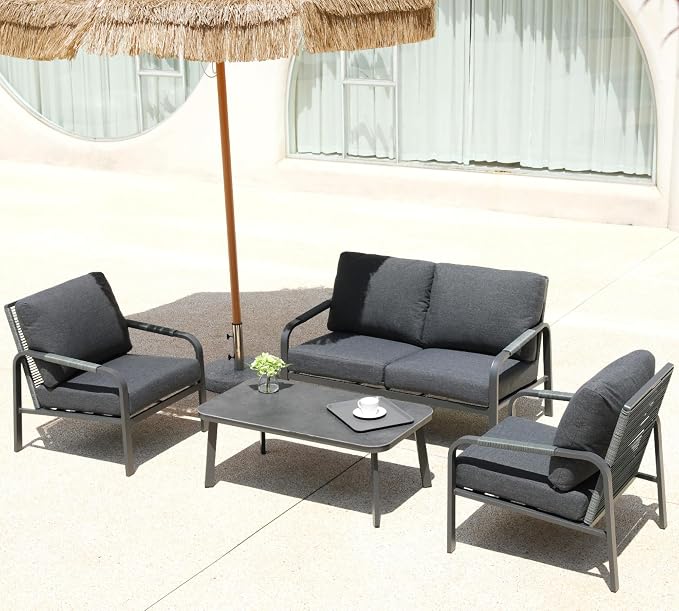 Aluminum Outdoor Patio Furniture Set,4-Piece Sectional Sofa with Coffee Table,Washable Thick Cushions,Modern Patio Conversation Set for Backyard,Garden,Porch,Balcony,Deck,Gray