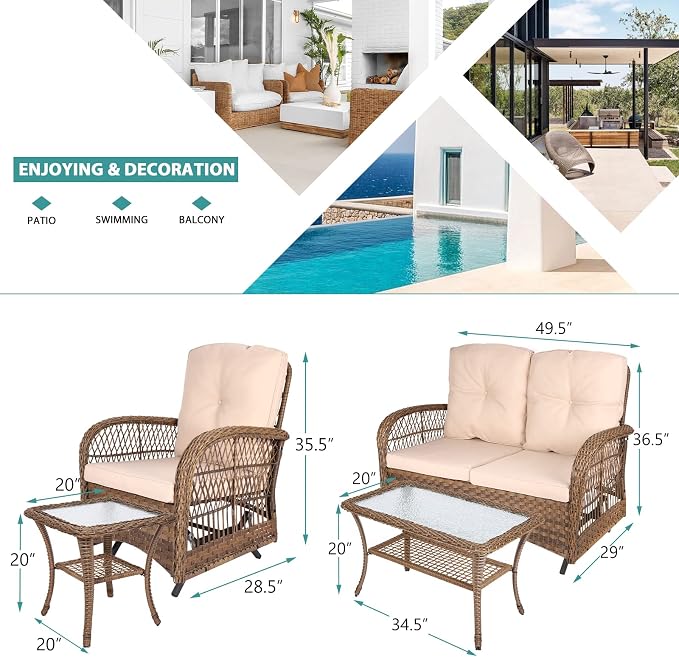 MEETWARM 5 Pieces Outdoor Wicker Patio Conversation Sets with Glider Loveseat, 2 Chairs with 2 Glass-Top Coffee Table Rocking Glider Set, Wicker Conversation Set with Thickened Cushions, Beige