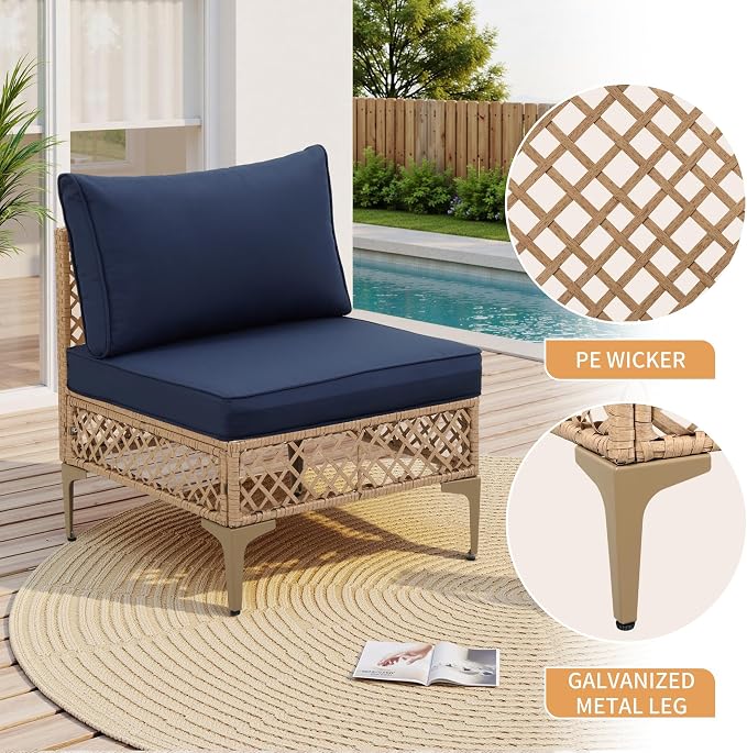 FHFO 7 Piece Outdoor Wicker Patio Furniture Set, Yellow/Blue | Sectional Sofa | All-Weather Hand-Woven Rattan | Tempered Glass Coffee Table | Free Combination | Indoor & Outdoor Use
