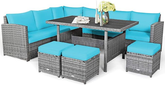 Tangkula 7 Pieces Patio Furniture Set, Outdoor Sectional Rattan Sofa Set with Cushions, All Weather Wicker Conversation Couch Set w/Dining Table & Ottomans for Backyard Garden Poolside (Turquoise)
