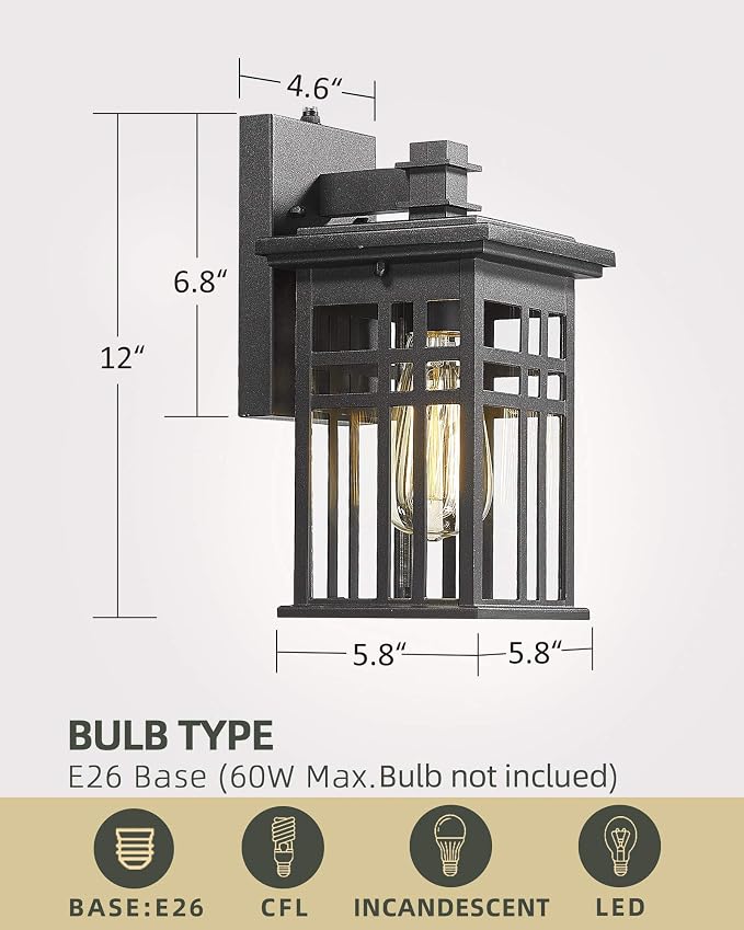 Dusk to Dawn Sensor Outdoor Wall Sconces - HWH Exterior Wall Mount Light Fixture Matte Black, 2-Pack Porch Lights for Garage, Doorway, Balcony, Garden, 5HD27B-PC-2PK BK