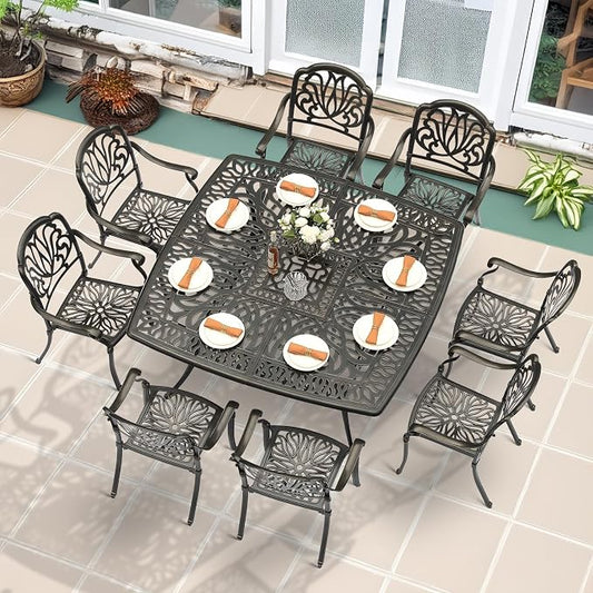 MEETWARM 9-Piece Outdoor Furniture Dining Set for 8, All Weather Cast Aluminum Patio Dining Set- Large 64" Square Table and 8 Chairs, Patio Table and Chairs Set for Garden, Umbrella Hole, Dark Bronze