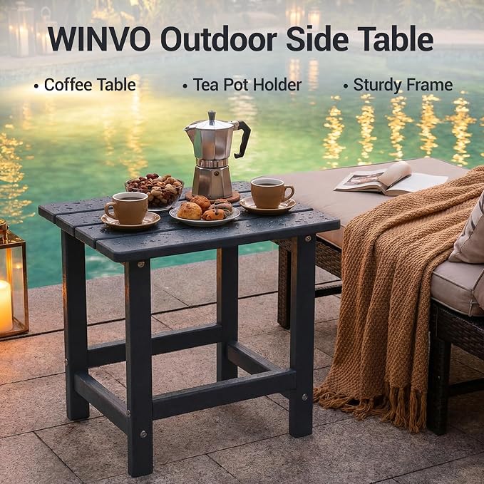 Outdoor Side Table Set of 2, HDPE Small Outdoor Table, Adirondack Side Table, Outside End Table for Patio, Porch, Deck, Pool, Indoor or Outside Use, Black