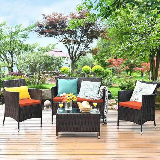 4 Pieces Patio Sofa Set, Wicker Conversation Set with Ergonomic Curved Backrest, Patio Rattan Furniture Set with Water-Resistant Cushion & Tempered Glass Table for Balcony, Porch (Orange)