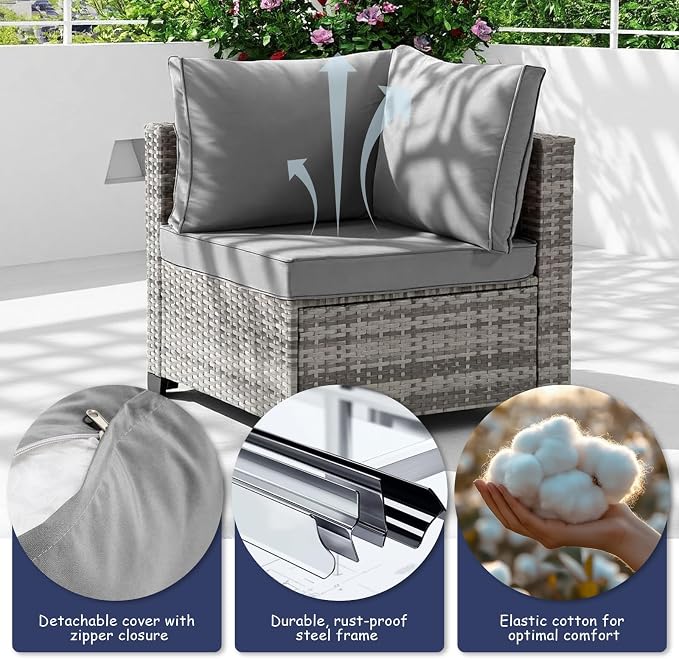 7-Piece Outdoor Patio Furniture Set, Gray PE Rattan Sectional Sofa with Light Grey Cushions and Steel Frame, Coffee Table Included, Modular Outdoor Conversation Set for Patio Garden Poolside