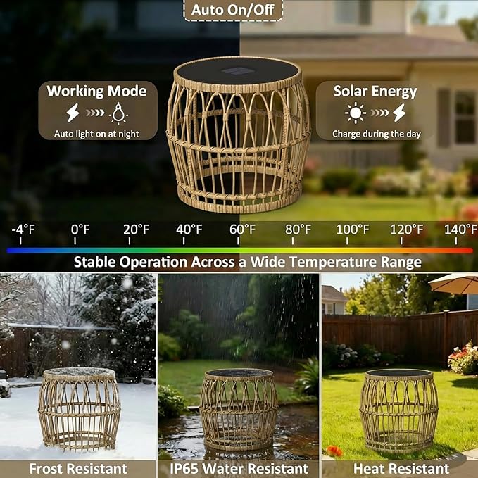 Solar Outdoor Side Table Set of 2, Boho Nesting Tables with Integrated Lighting, Round Rattan Coffee Tables for Patio, Balcony, Poolside & Porch