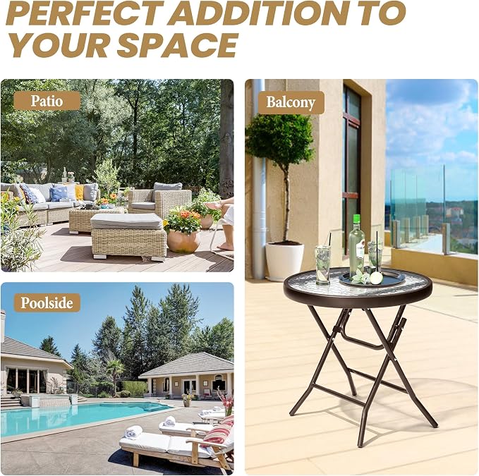 Foldable Side Table with Tempered Glass Top 18" Outdoor Folding Side Table Small Glass Patio Tables for Porch Yard Balcony Deck Lawn Dining Garden (Brown)