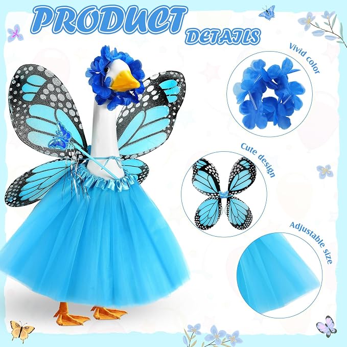 5pcs Butterfly Porch Goose Outfit Costume Tutu Skirt Butterfly Wing Wand Flower Crown for 17‘' 23‘' Cement Goose