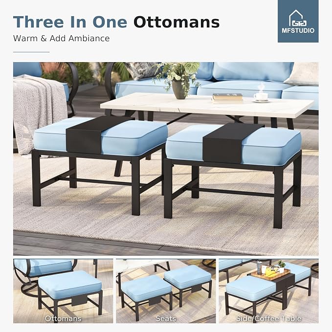 MFSTUDIO 5 Pieces Patio Conversation Sets,Outdoor Metal Furniture Sofas with 1 x 3-Seat Sofa, 2 x Sofa Chairs,2 x Ottoman,Wrought Iron Frame with Blue Cushion for Patio Courtyard Balcony