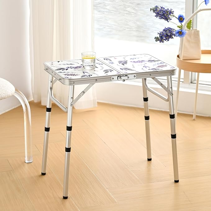 Yriuat Folding Camping Table 2ft Portable Picnic Table Adjustable Height Small Card Table Aluminum Foldable Lightweight with Carry Handle for Outdoor Indoor Hiking Camp BBQ Beach (Misty Lilac)