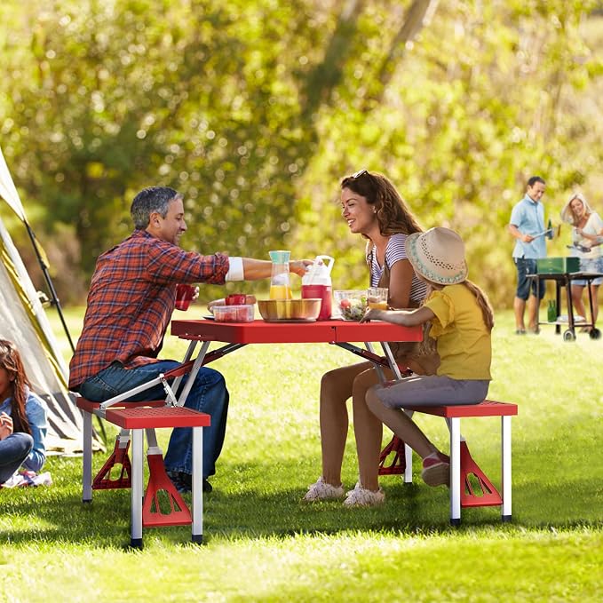 VINGLI 4 Ft Portable Folding Picnic Table Camping Table Foldable Set with 4 Seats with Umbrella Hole Suitcase Card Table-220 Lbs Support Aluminum Frame, Plastic RV Tabletop for Yard, Travel