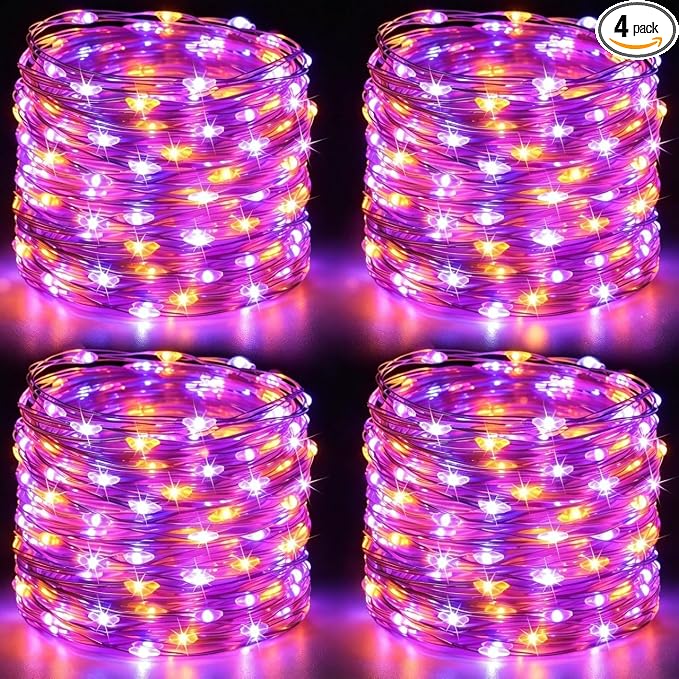 4Pack 60LED Fairy Lights Battery Operated Orange and Purple Halloween Decor | 20 FT, Halloween Lights with Timer, Cuttable Copper Wire, Waterproof Battery String Lights for Indoor Outdoor, Bedroom, Home