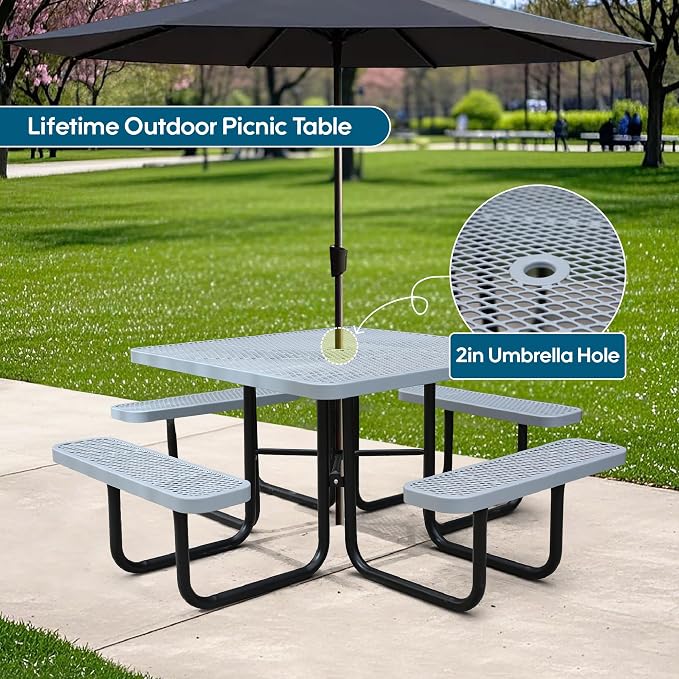 46" Square Picnic Tables for Outdoors,Commercial Metal Picnic Table Bench Set W/ Umbrella Hole,Restaurant School Canteen Tables W/Seats - Heavy Duty Sturdy Picnic Tables for Patio Garden Coffee Shop