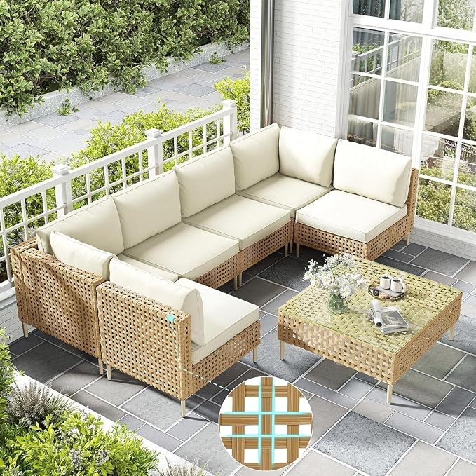 8-Piece Outdoor Wicker Patio Furniture Set with Sectional Rattan Sofa and Coffee Table Thick Cushions for Backyard Lounge(White)
