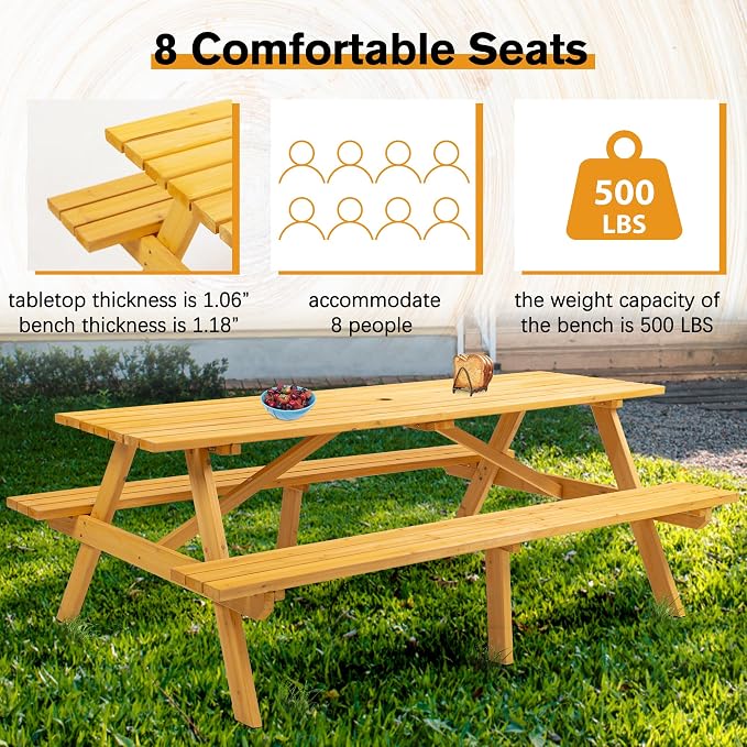 75" Outdoor Wooden Picnic Table with Benches Set, Dining Table Set with 2-Inch Umbrella Hole, One-Piece Wood Picnic Table for Backyard Garden Patio Party Gathering