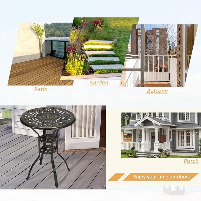 Cast Aluminum Patio Bar Table, 31" Outdoor Bar Height Bistro Table with 2" Umbrella Hole, Patio Bistro Round High Top Dining Table Pub Table for Porch Balcony Backyard, Dark Bronze