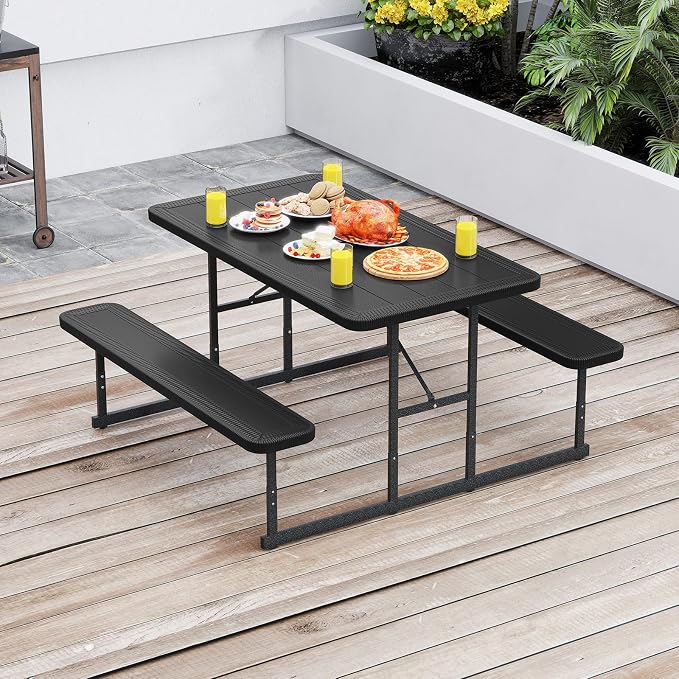 LDAILY Picnic Tables with Benches, Rectangular Dining Table Set for Outside 4 People, HDPE Tabletop, Metal Frame, Umbrella Hole, Heavy Duty Picnic Table for Outdoors, Patio, Lawn, Commercial (Black)