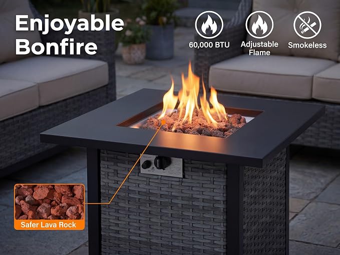 7 Piece Patio Furniture Set with 6" Thick Cushions, Weather-Resistant Wicker Swivel Rocker High Back Chairs and Fire Pit Table for Porch Yard Deck