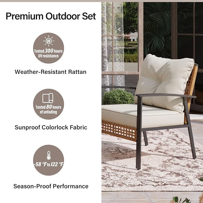 LAUSAINT HOME 6 Pieces Patio Conversation Set, Comfortable Oversized Outdoor Furniture Set with Soft Cushion and Storage Metal Coffee Table for Backyard, Porch, Garden and Poolside, Beige