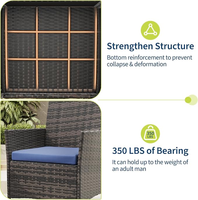3-Piece Outdoor Patio Bistro Set – Brown Rattan Wicker, Blue Cushions, Tempered Glass Table – Space-Saving for Balcony, Yard, Porch – Brown Gradient Four-Line Rattan + Blue Cushion