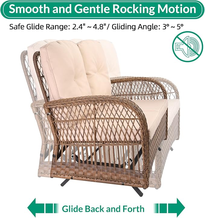 VIVIJASON 5-Piece Outdoor Patio Wicker Conversation Sets, All Weather Outdoor Rattan Furniture Set Includes Glider Loveseat, 2 Coffee Table, 2 Rocking Chairs with Cushions for Backyard, Light Brown