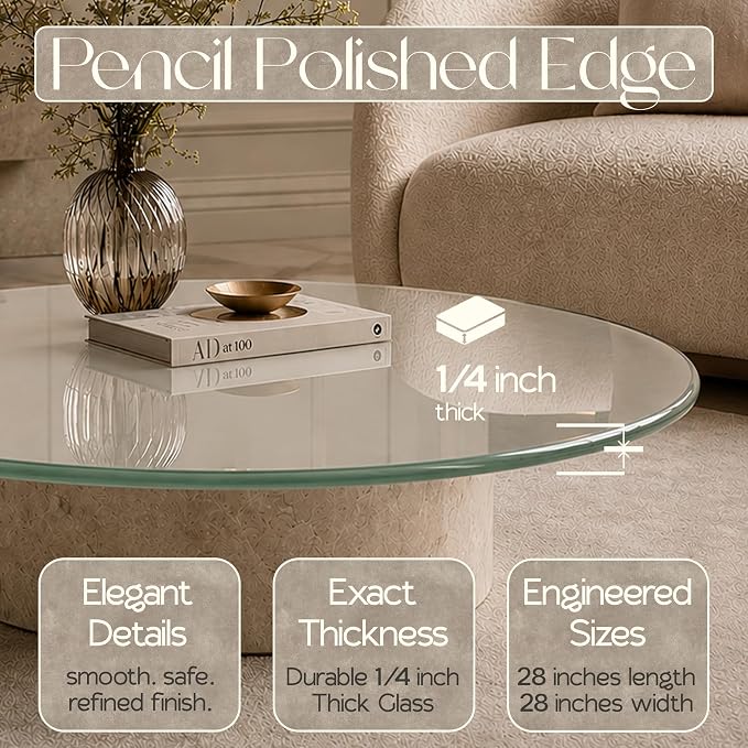 28 inch Round 1/4" Thick Pencil Polished Edge Glass Table Top with 6 Bumpers - Tempered, Scratch Resistant & Safety Replacement Glass Designed for Dining, Coffee, Patio & End Tables