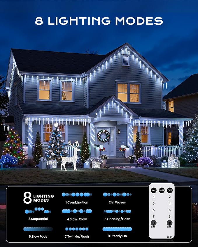Brightown Icicle Lights Outdoor 20ft with Remote - 20 Tubes 100 LED Iced Tube Christmas Lights, Waterproof Icicle Decor Outdoor Indoor for Tree Patio Roof Holiday Decor, Cool White
