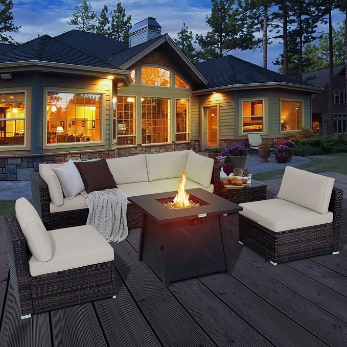 Tangkula 7 Piece Patio Furniture Set w/Fire Pit Table, Patiojoy Outdoor Rattan Conversation Sofa Set w/30 Square Propane Fire Pit Table, 50,000 BTU Heat Output, Protective Cover Included (Off White)