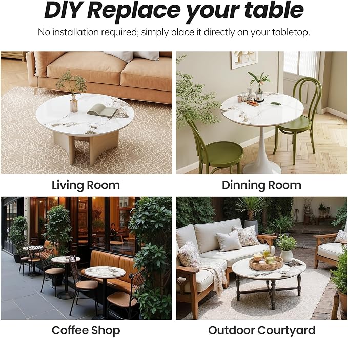 Table Top 35.4″ Round White Marble Sintered Stone - Heat Scratch Stain Resistant for Dining Office Bar Patio, Weatherproof Easy Clean