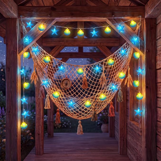 8.5Ft Beach Themed Seashell String Lights, 10 LED Starfish Lights Plug in | 1 Pack Fish Net, Connectable, Hanging Patio Lights UL Listed for Bedroo, Party, Holiday Decor, Indoor Outdoor, ,Wedding
