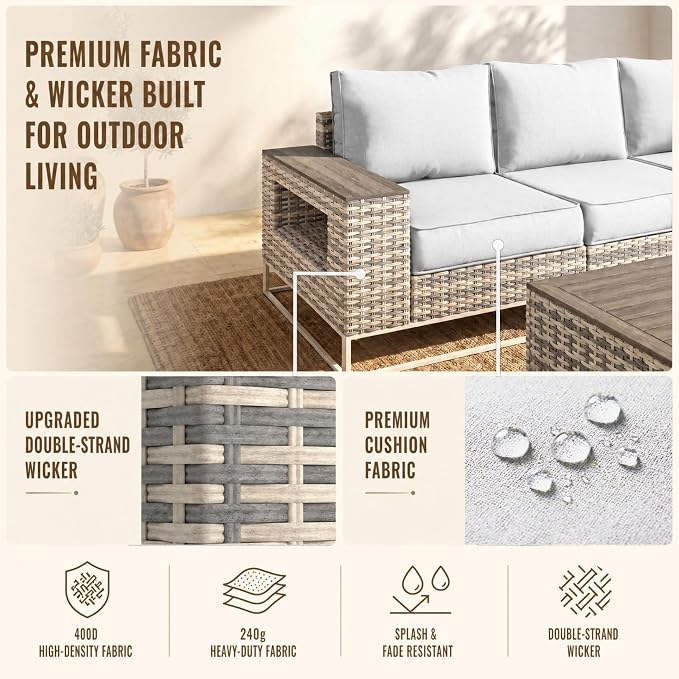12-Piece Outdoor Patio Furniture Set, Gray PE Wicker Outdoor Sectional Sofa with Storage Armrests & 5.5" Thick Cushions, L-Shaped Couch for Deck, Porch, Backyard, Ivory White