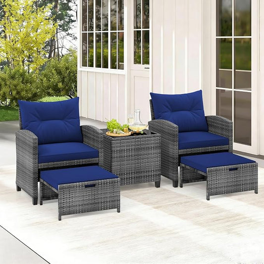COSTWAY 5-Piece Rattan Conversation Set, Outdoor Wicker Sofa, Tempered Glass Coffee Table & Ottomans for Small Space, Boho Chic Indoor/Outdoor Furniture Set for Poolside, Backyard, Deck (Navy)
