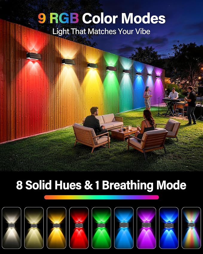 Solar Fence Lights Outdoor, 10 Pack Fence Solar Lights Waterproof | IP65 Fence Lights Solar Powered Up & Down LED Focus, 9 Color Modes, 12H Dusk to Dawn Glow for Pool/Patio/Backyard - Black