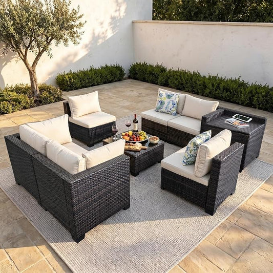 8 Pieces Patio Furniture Set with Storage, Outdoor Sectional Sofas | Storage Box with a Waterproof Bag, Wicker Modular Outdoor Sectional Furniture with Thick Cushions for Deck, Porch, Beige
