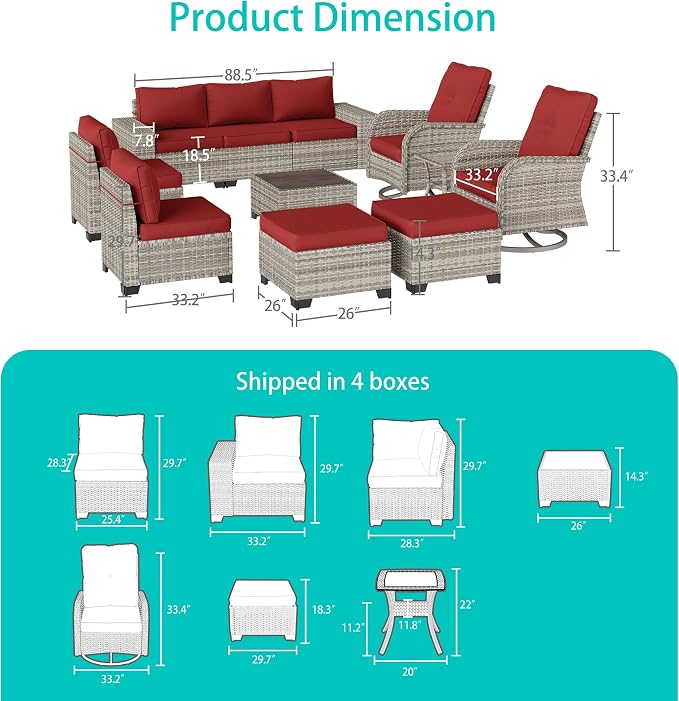 11-Piece Outdoor Patio Furniture Set with Rocking Swivel Chair Wicker Sectional Sofa Set, Patio Conversation Set with Ottomans & Coffee Table for Garden, Backyard, Poolside, Red