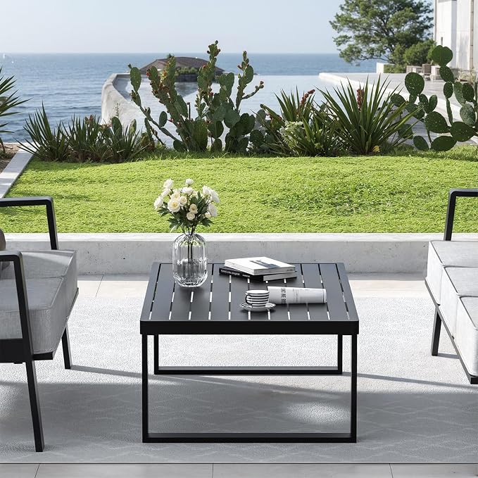 Aluminum Outdoor Patio Coffee Table for Deck, and Poolside (Black, All-Aluminum)