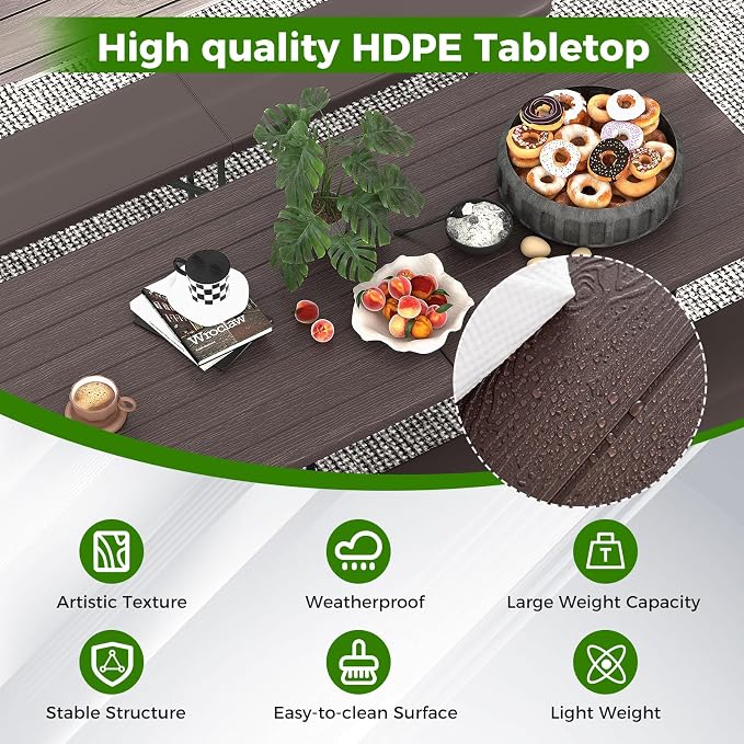 Giantex 6ft HDPE Folding Table, Outdoor Indoor Foldable Table with Metal Legs, Fold-in-Half Portable with Handle for Picnic, Camping, Banquet, Party Event (Brown)