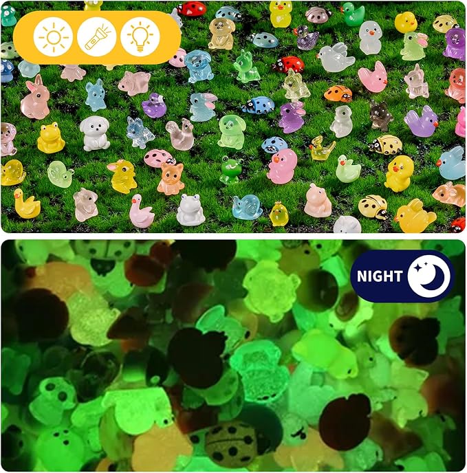 200 pcs Luminous Mini Resin Animals Many Styles Variety Tiny Animals Figures Miniature Little Small Animal Figurines Bulk for Micro Fairy Garden Landscape Accessories Hide Crafts Decor Aquarium