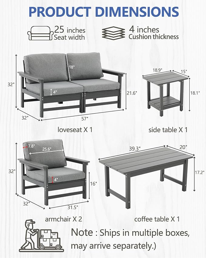 HDPE Outdoor Patio Furniture Set, 6-Piece Sofa Set with Loveseat Couch, 2 Armchairs,Side Table & Coffee Table, Weatherproof Conversation Set with Cushions,for Garden, Porch & Backyard
