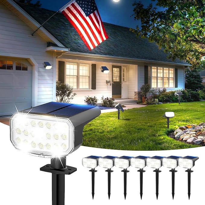 JEJOT Solar Lights Outdoor Waterproof IP65, Super Bright LED with Lens, 6500K 2 Lighting Modes, Solar Powered Yard Garden Solar Spot Lights for Outside Landscape Auto On/Off - 8 Pack