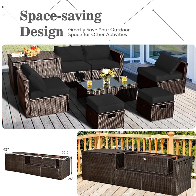 COSTWAY 8-Piece Outdoor Patio Furniture Set, Rattan Sectional Sofa, Armless Chairs, Side Table with Storage Ottoman & Glass Coffee Table, Space-Saving Conversation Set for Garden Deck (Black)