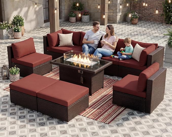 NICESOUL 9 Pcs Large Outdoor Patio Furniture Set with Firepit Natural Gas & Propane, 29.3 High Back Comfy Conversations Sofa Sets Modular, Wide Sectional for Heavy Weight, Brown Rattan and Red Cushion