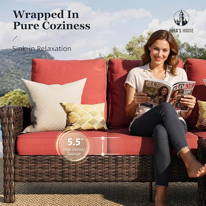 HERA'S HOUSE 8-Piece Patio Furniture Set with Swivel Chairs & Fire Pit, Outdoor High Back Wicker Conversation Sets with 5.5" Thick Cushions, All-Weather Deep Seating Sofa with Ottomans, Red
