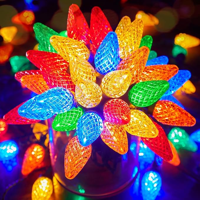 Brightown C9 Christmas String Lights Multicolor, 66ft 100 LED Faceted Christmas Lights on Green Wire, Plug-in Large Bulb Strawberry String Lights for House Roof Roofline Christmas Tree Party Outdoor