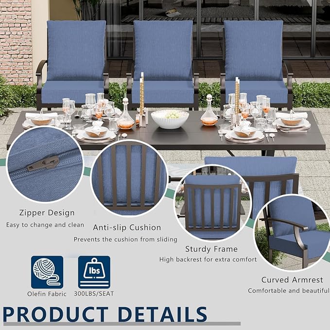 7 Piece Outdoor Dining Set for 6, Metal Patio Table and Chairs with Cushions, Patio Furniture Set with 2 Swivel Chairs, Rectangular Patio Dining Table with Umbrella Hole, Lawn Deck, Yard, Navy