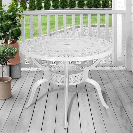 38.5 Inch Outdoor Dining Table Round Patio Table Bronze Cast Aluminum Rustic Large Table with Umbrella Hole, White