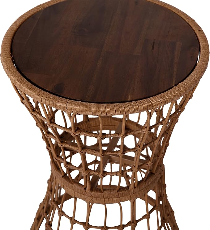 EMMA + OLIVER Ari Indoor/Outdoor Patio Table - Natural Finish Faux Rattan Rope - Acacia Wood Top - Powder Coated Steel Frame - 200 lb. Static Weight Capacity